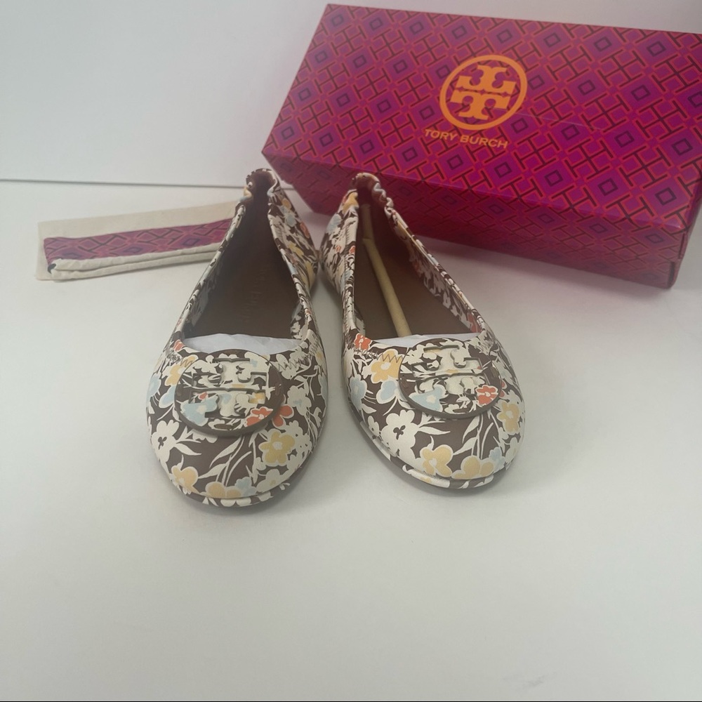 Tory Burch Floral Minnie Travel Ballet With Leather Logo NIB Reverie Combo Color - Picture 4 of 14